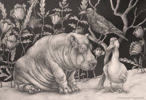 Hippo baby with crow and duck